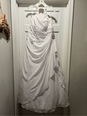 White Halter Wedding Dress with Draped Skirt and Under Crinoline  Skirt